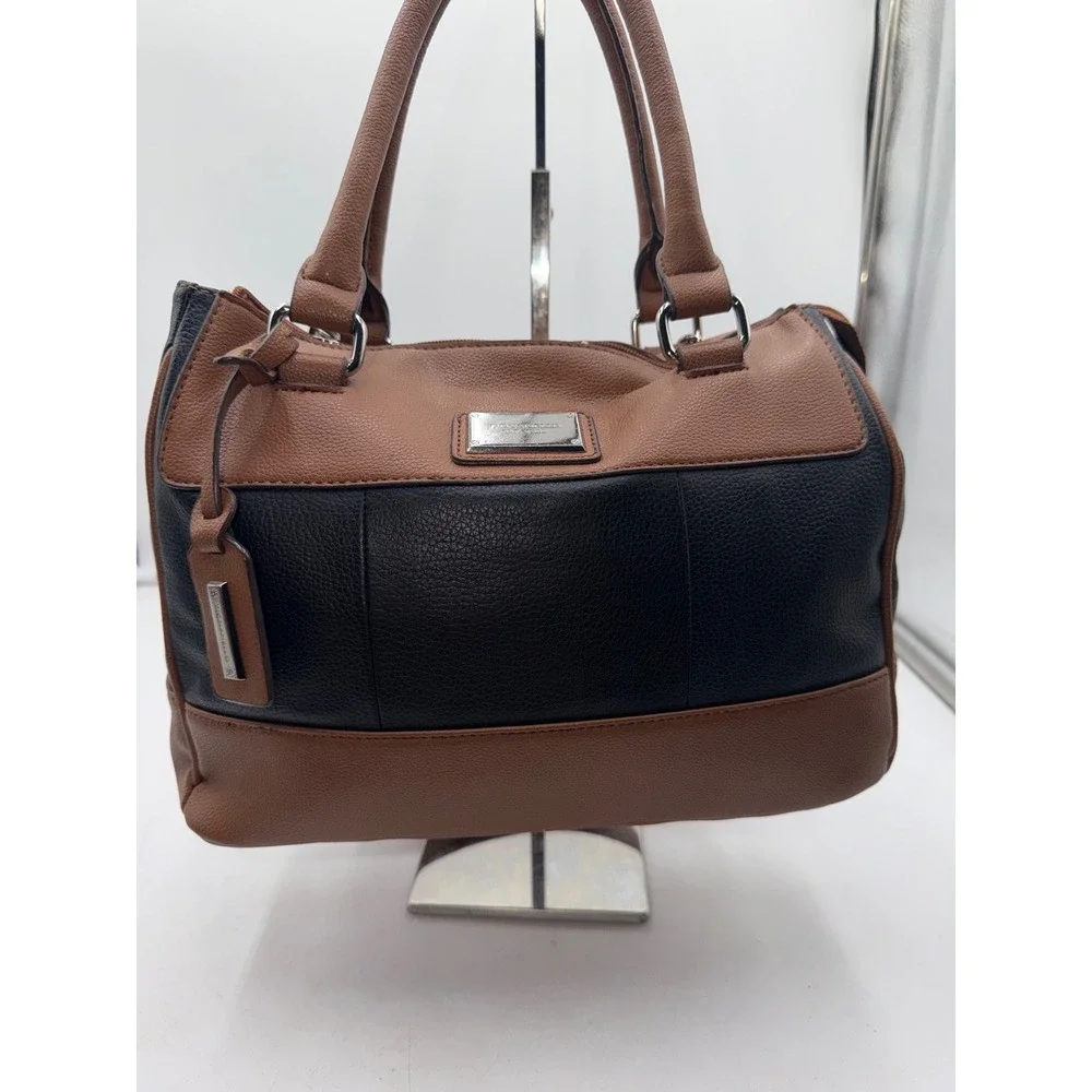 Tignanello Leather Satchel Handbag Brown Black Two Tone Pebbled Zip Top Bag